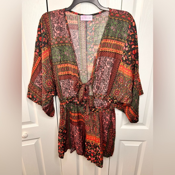 Wisteria Lane Women’s Batwing Sleeved Boho Mix Print Romper Medium Whimsical - Picture 6 of 7